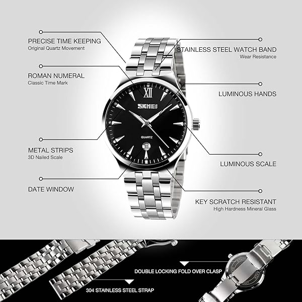 cofuo Mens Analog Quartz Watch Stainless Steel Band Business Classic Waterproof Roman Numeral Wristwatch Black - View 7 of 8