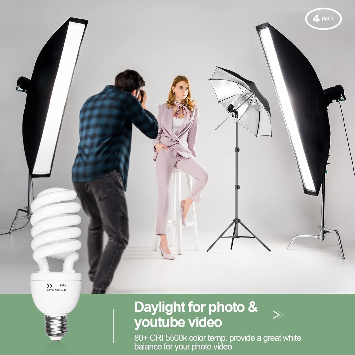 EMART EMART Full Spectrum Light Bulb 2 x 45W 5500K Spiral CFL Daylight for Photography Video Studio Softbox Lighting Kit Household Use Portrait Shooting - View 4 of 8