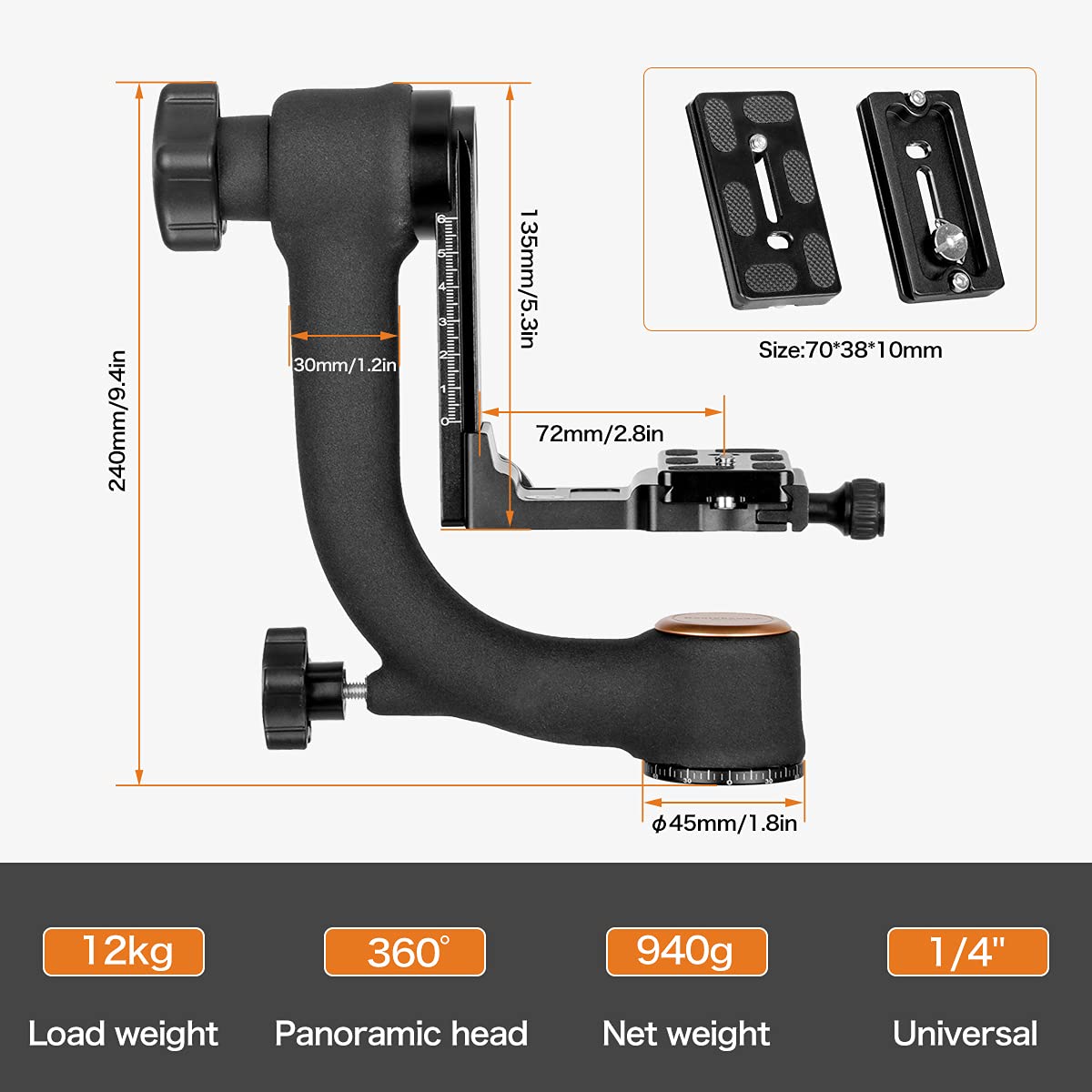 Koolehaoda Q45 Gimbal Head: Heavy Duty Tripod for DSLR Cameras up to 26lbs with Quick Release & Bubble Level - View 2 of 7