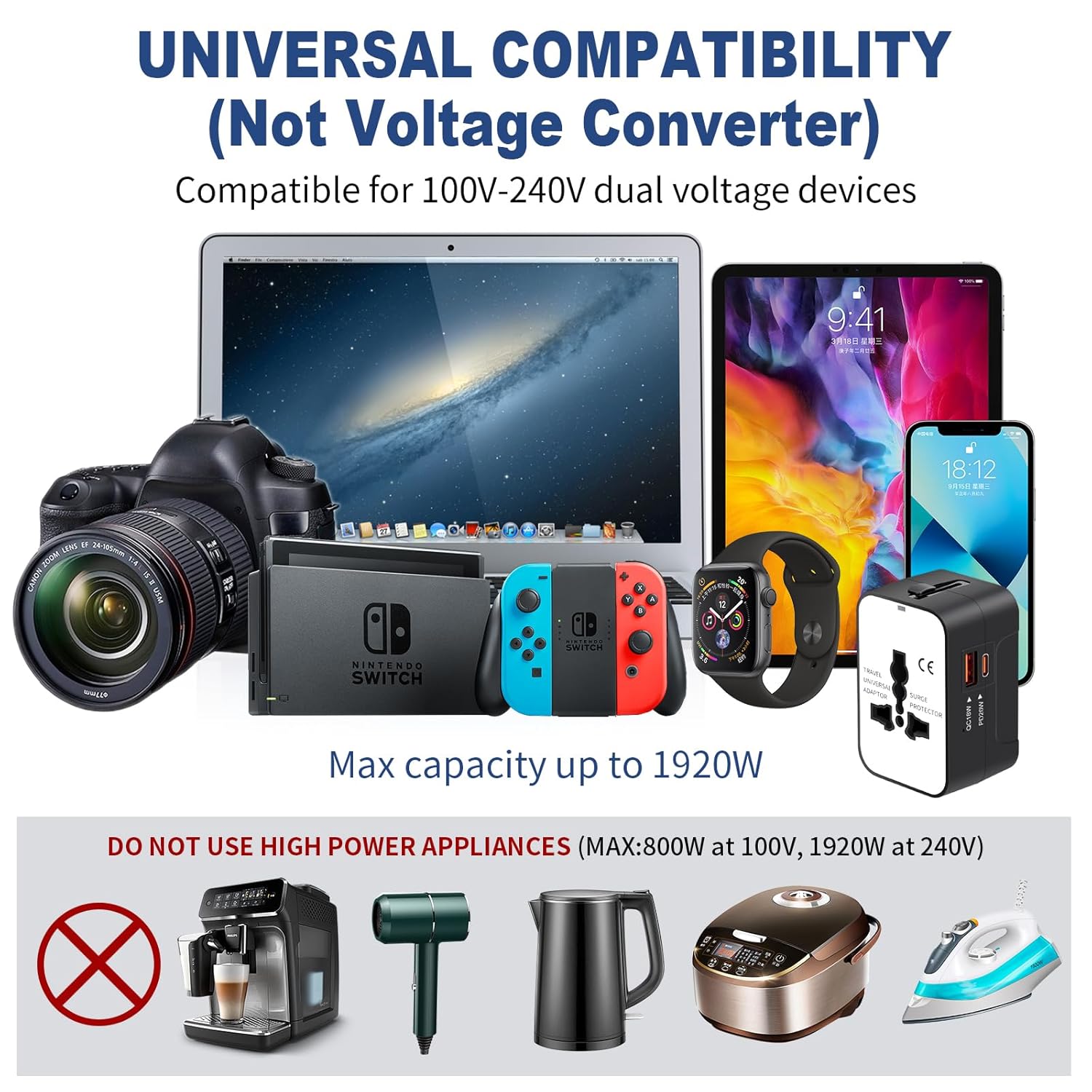 NEWVANGA Universal Travel Adapter All in One Wall Charger with USB Type C for USA EU UK AUS White - View 7 of 7