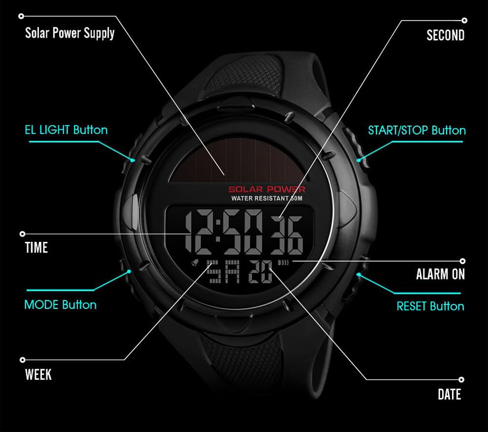Men's Outdoor Sports Solar Power LED Digital Watch 50M Water Resistant for Active Lifestyle - View 4 of 7