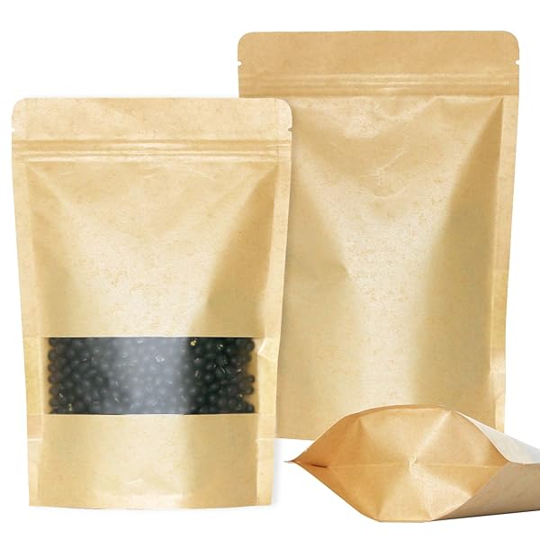 SumDirect SumDirect Kraft Stand Up Pouches 50Pcs Resealable Paper Bags with Window Zipper for Food Storage Home or Business 6x8.6inch
