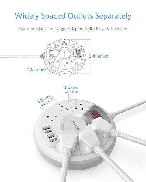 BESTEK BESTEK 6 Feet Power Strip Surge Protector with 6 Outlet and 4 USB Ports for Quick Charge 2.0 - View 4 of 9