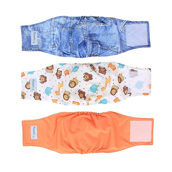 Teamoy Teamoy Reusable Wrap Diapers for Male Dogs Washable Puppy Belly Band Pack of 3 Sizes S 10 to 13 Inch Waist Orange Denim Fat Smile