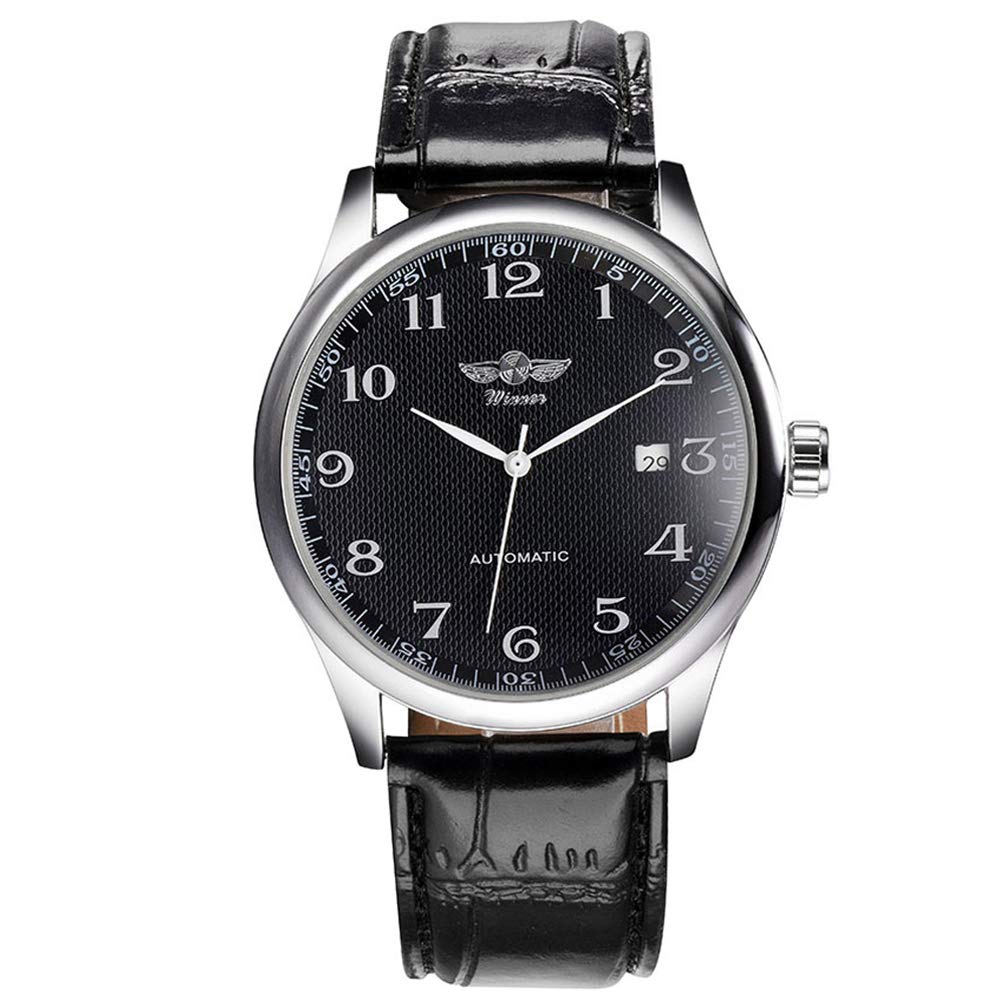 VIGOROSO Mens Automatic Mechanical Watch Black Dial Leather Strap Stylish Wrist Watch