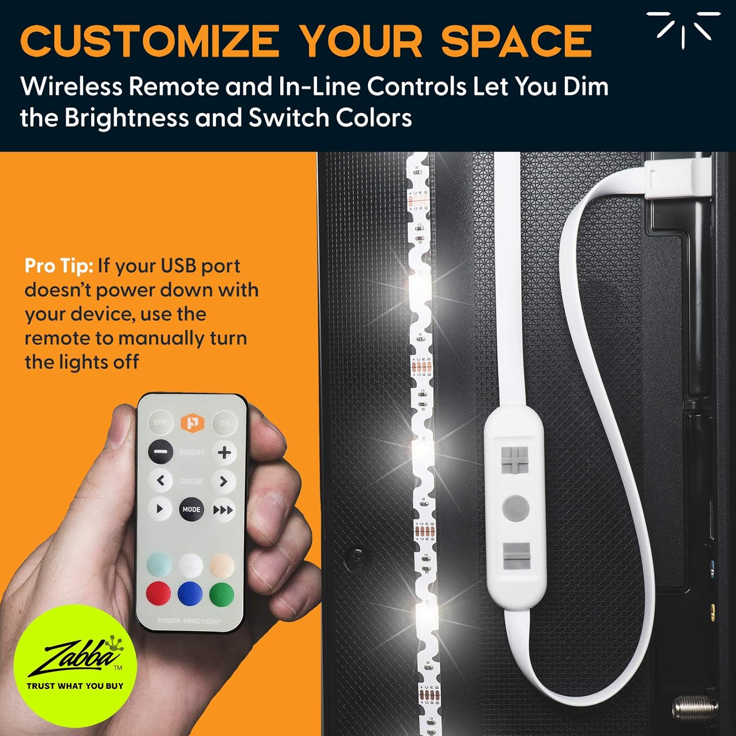 Power Practical "Power Practical LED TV Backlight: USB Strips with Remote & 15 Color Options for 30"-40" TVs - Perfect for Living Room & Bedroom Ambiance" - View 3 of 9