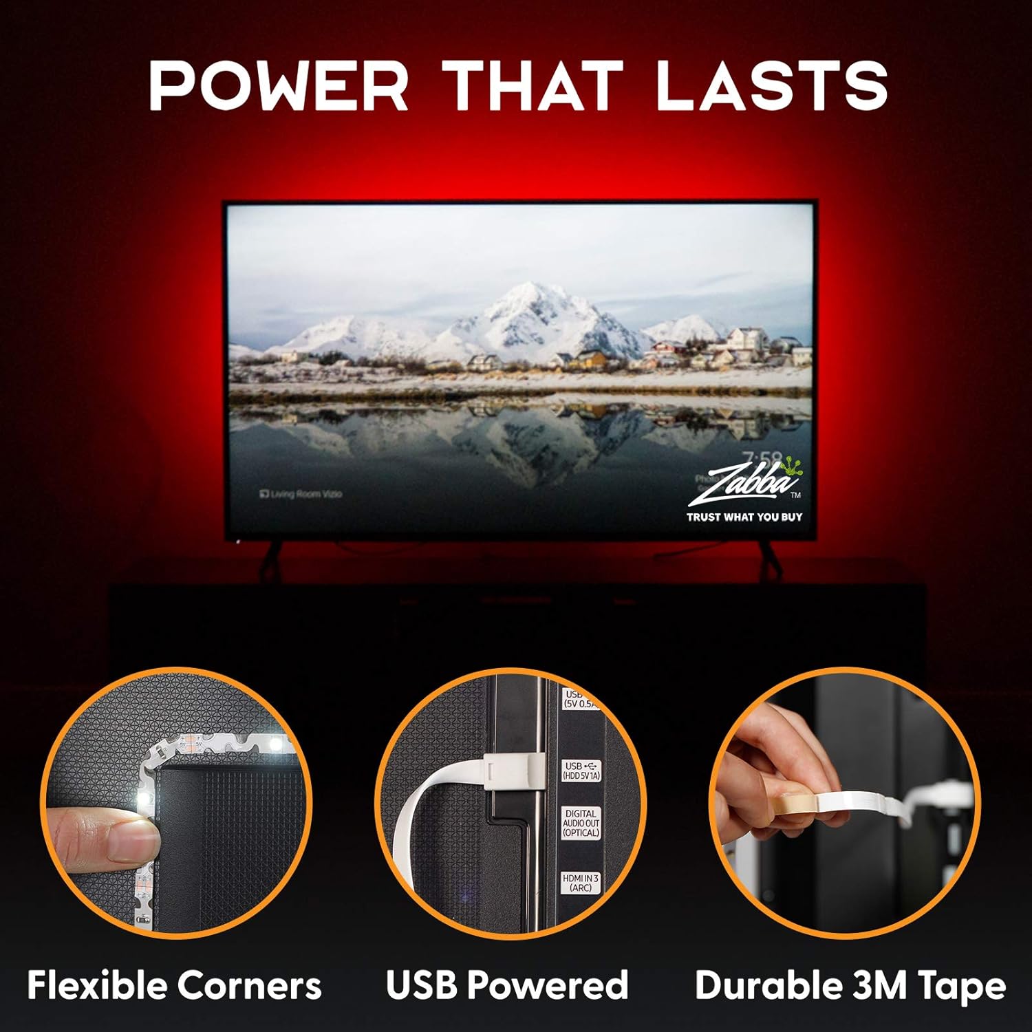 Power Practical "Power Practical LED TV Backlight: USB Strips with Remote & 15 Color Options for 30"-40" TVs - Perfect for Living Room & Bedroom Ambiance" - View 4 of 9