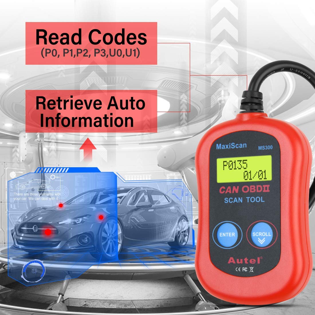 Autel MaxiScan MS300 OBD2 Scanner Engine Fault Code Reader for All OBD II Cars Since 1996 Red - View 3 of 9