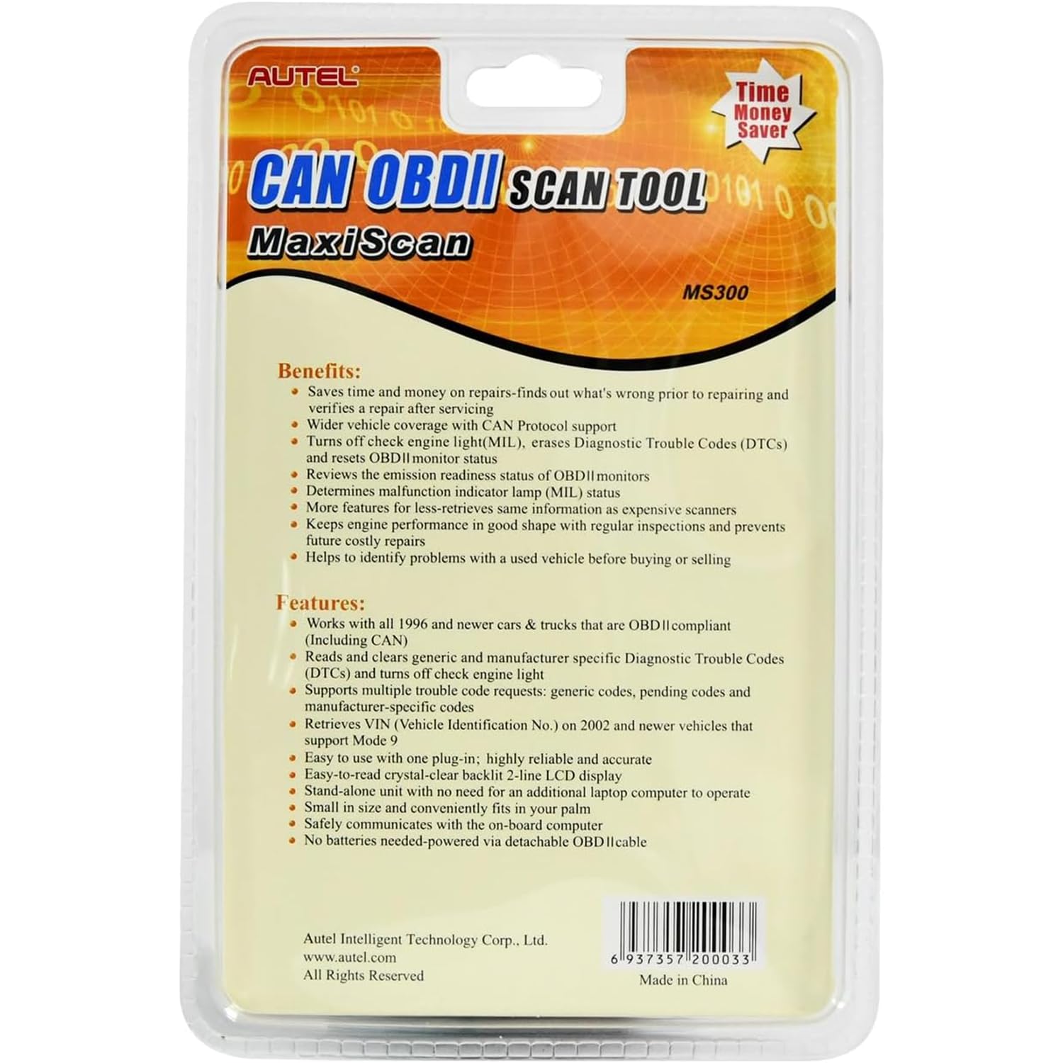 Autel MaxiScan MS300 OBD2 Scanner Engine Fault Code Reader for All OBD II Cars Since 1996 Red - View 9 of 9