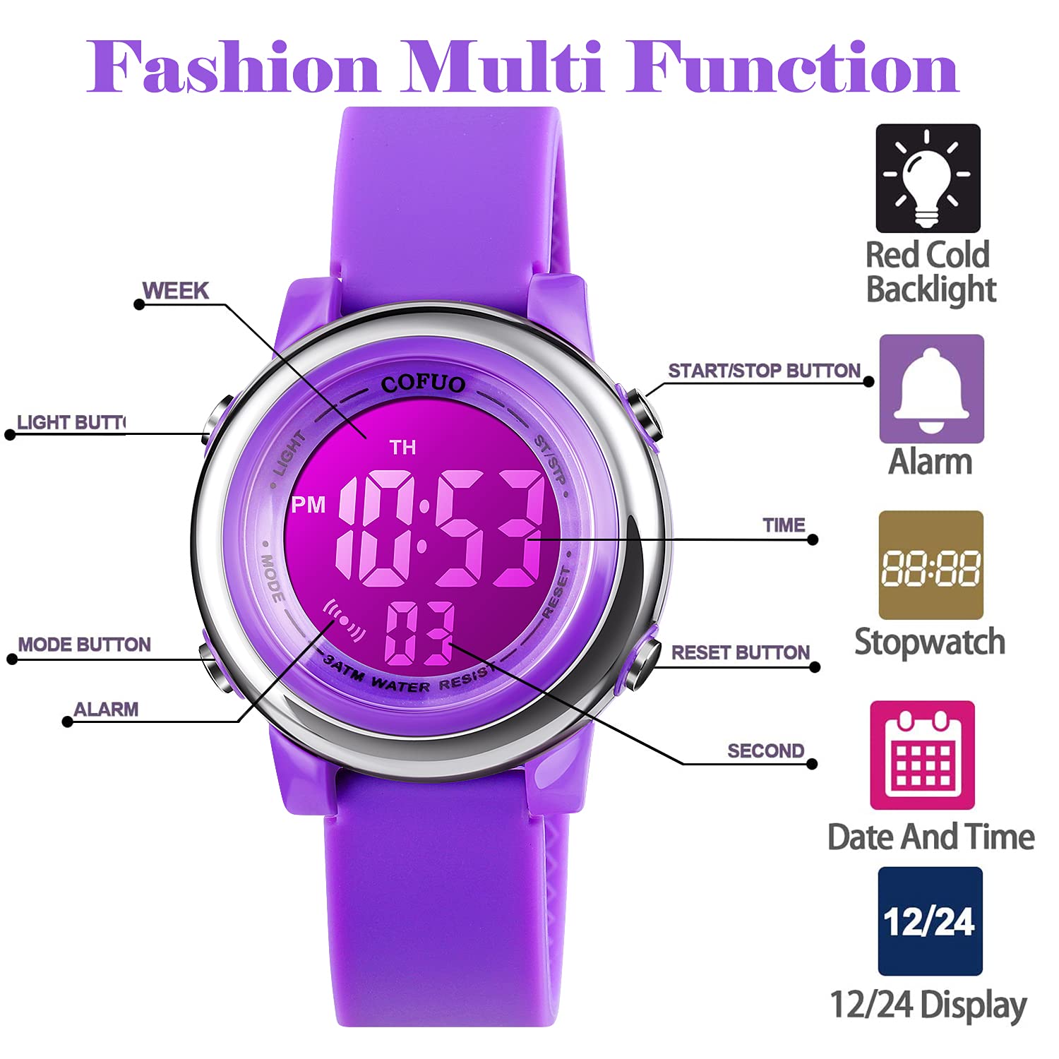 cofuo Cofuo Kids Digital Sport Waterproof Watch for Girls and Boys with LED Alarm Stopwatch Perfect for Outdoor Activities - View 3 of 7