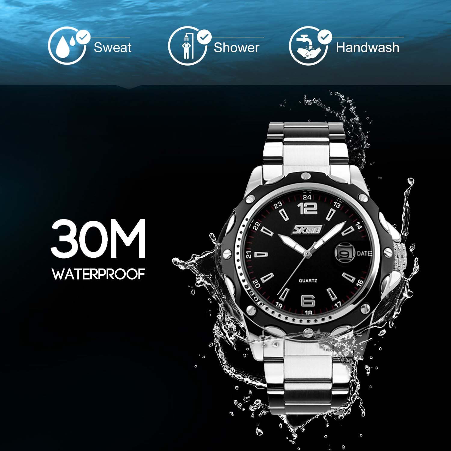 cofuo Cofuo Mens Stainless Steel Band Analog Quartz Watch Waterproof Business Casual Classic Calendar Date Window Black - View 5 of 6