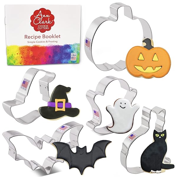 Ann Clark Cookie Cutters Premium 5-Pc Halloween Cookie Cutters Set - USA Made: Pumpkin, Ghost, Bat, Black Cat & Witch Hat by Ann Clark
