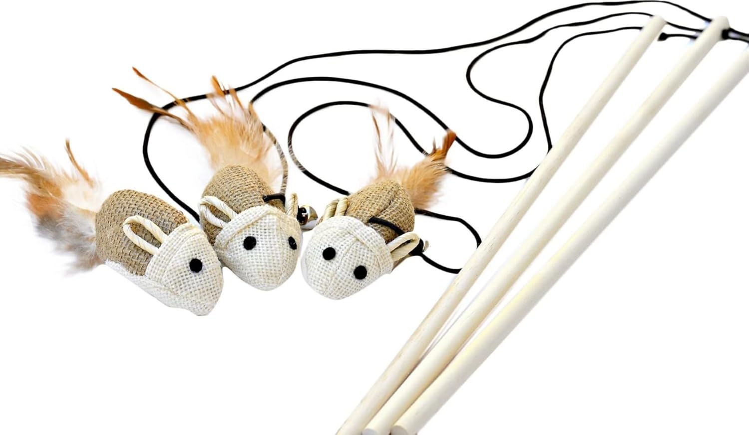 Earthtone Solutions Earthtone Solutions Cat Kitten Teaser Wand Toys Set of 3 with Mouse Bell Feather Elastic String and Sturdy Wood Stick for Interactive Fun