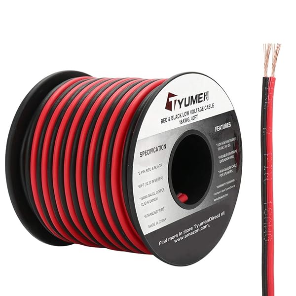 Tyumen TYUMEN 40FT 18AWG Red Black 2-Pin Extension Wire for LED Strips & Ribbon Lamps - 12V/24V DC Flexible Cable