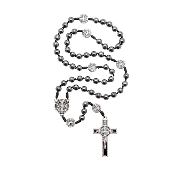 Intercession Intercession Hematite Rosary with St. Benedict - 8mm Beads on Cord, Handmade in Brazil - View 4 of 10