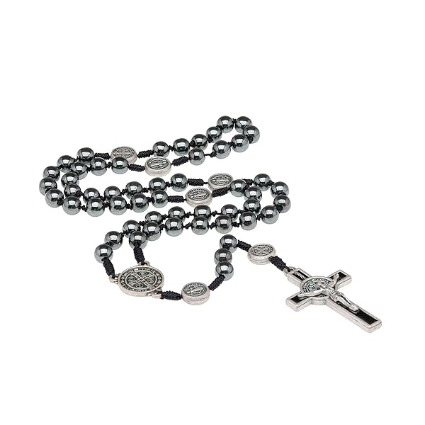 Intercession Intercession Hematite Rosary with St. Benedict - 8mm Beads on Cord, Handmade in Brazil - View 5 of 10