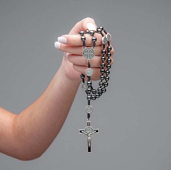 Intercession Intercession Hematite Rosary with St. Benedict - 8mm Beads on Cord, Handmade in Brazil - View 8 of 10