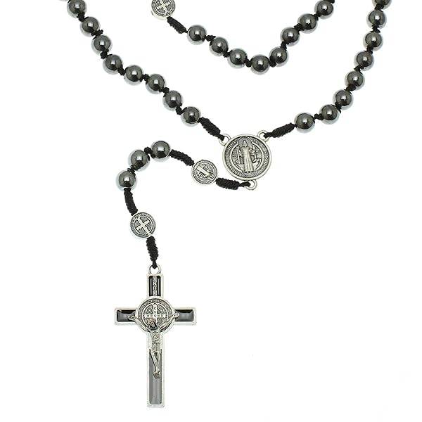 Intercession Intercession Hematite Rosary with St. Benedict - 8mm Beads on Cord, Handmade in Brazil - View 9 of 10