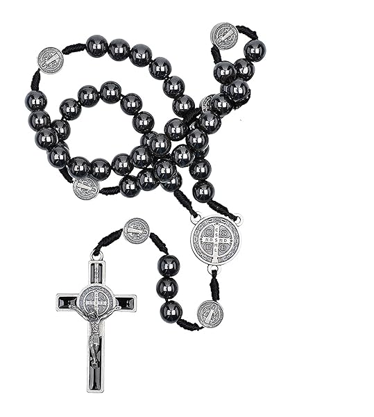 Intercession Intercession Hematite Rosary with St. Benedict - 8mm Beads on Cord, Handmade in Brazil - View 2 of 10