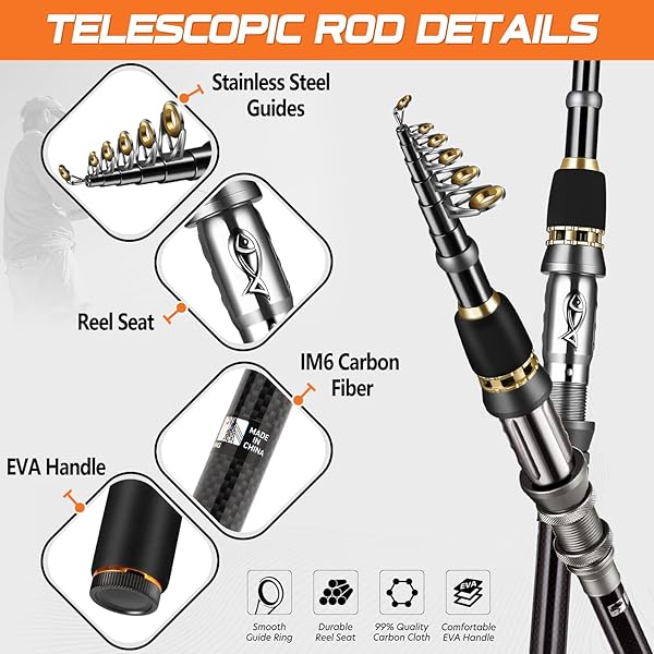 PLUSINNO PLUSINNO Telescopic Fishing Rod and Reel Combo Collapsible Travel Starter Kit Carbon Fiber Fishing Rods for Men and Adults - View 3 of 7