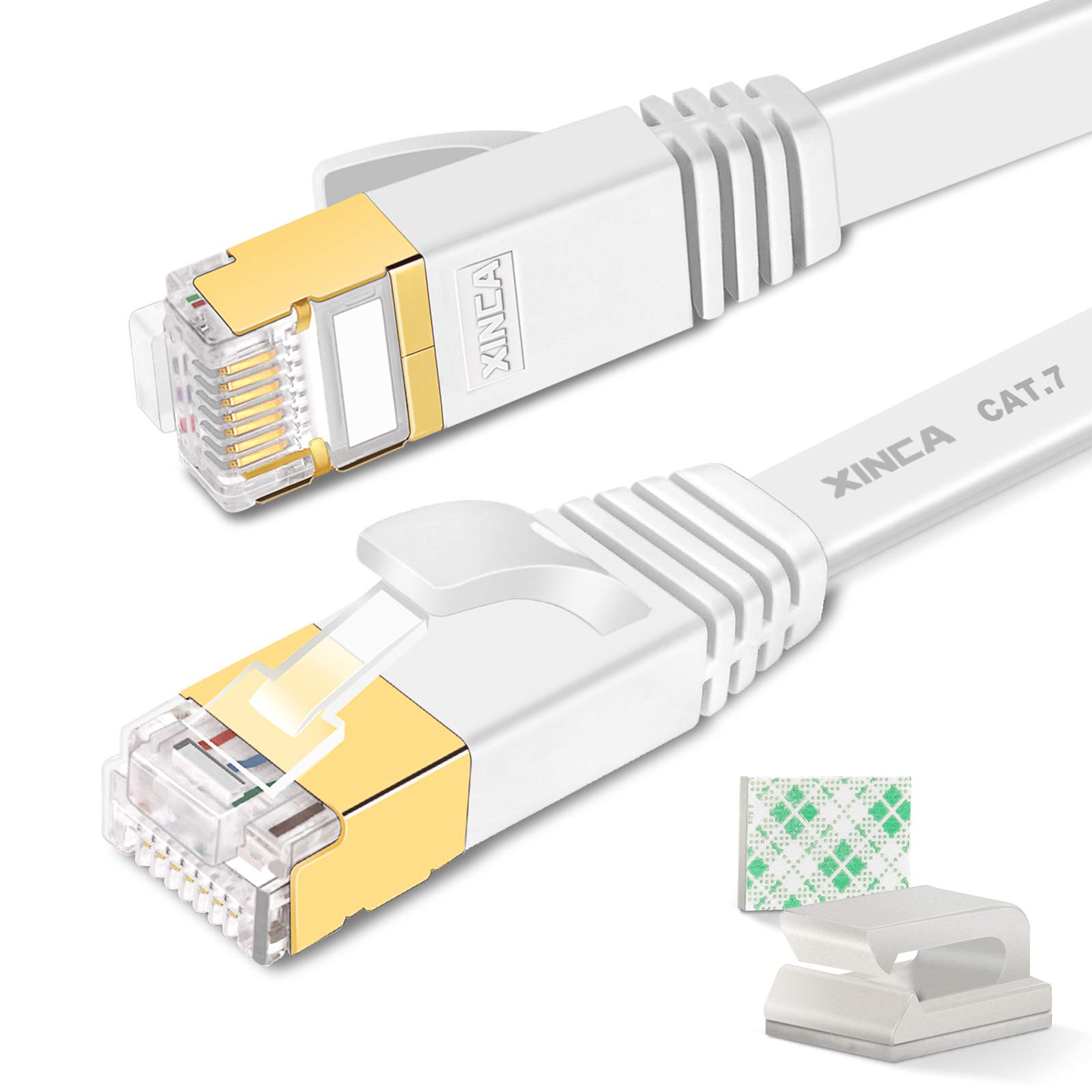 XINCA Cat 7 Flat Ethernet Cable 50ft White High Speed 10GB Shielded LAN Internet Network Cable with Rj45 Connectors and Cable Clips