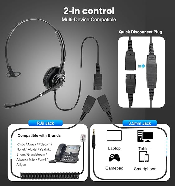 MAIRDI MAIRDI Telephone Headset RJ9 & 3.5mm for Landline, PC, Cisco Phones - Ideal Office Headset with Microphone for Call Centers - View 3 of 8