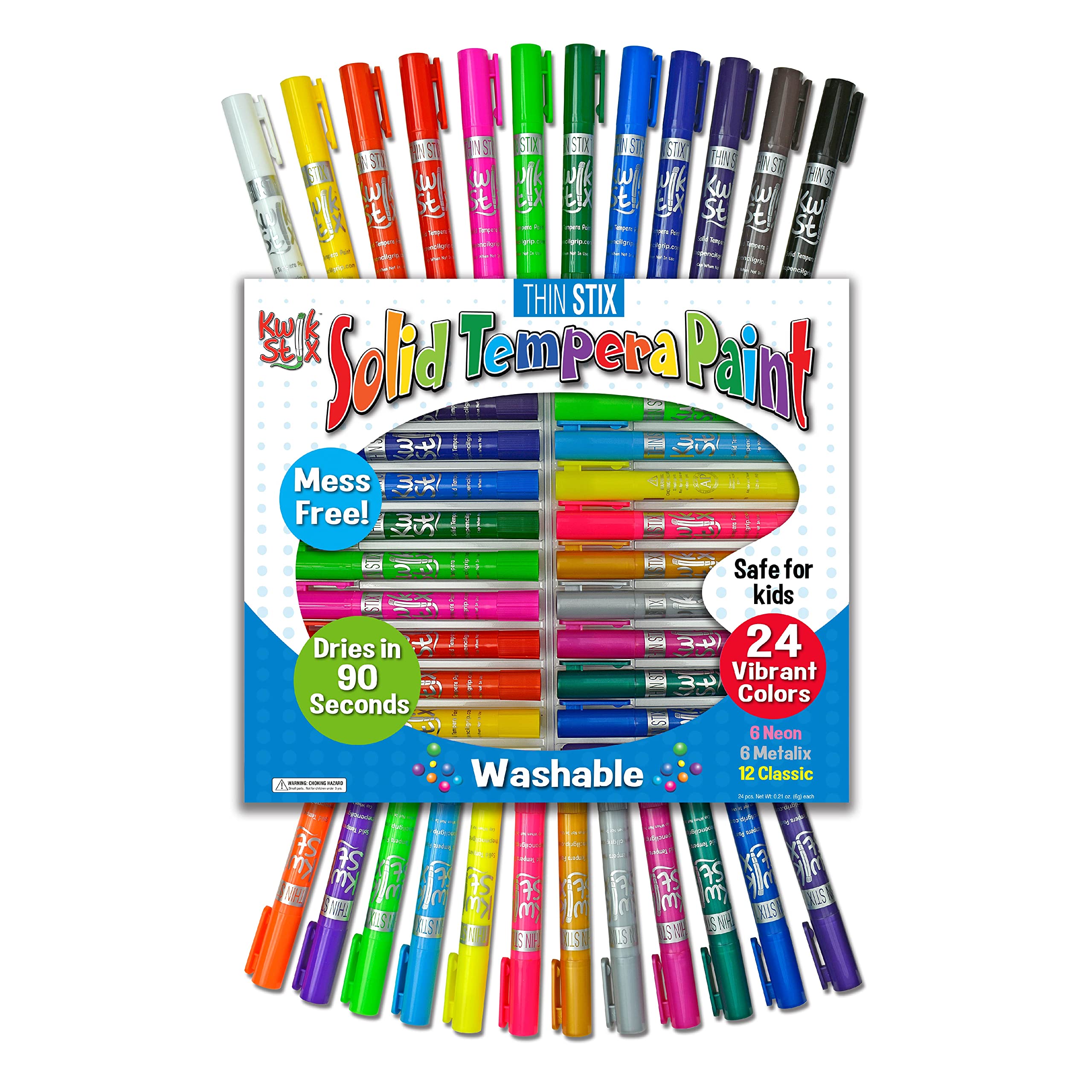 The Pencil Grip Kwik Stix Solid Tempera Paints 24 Pack Quick Drying Neon Metalix Classic Colors Thin Stix Paint Pens
