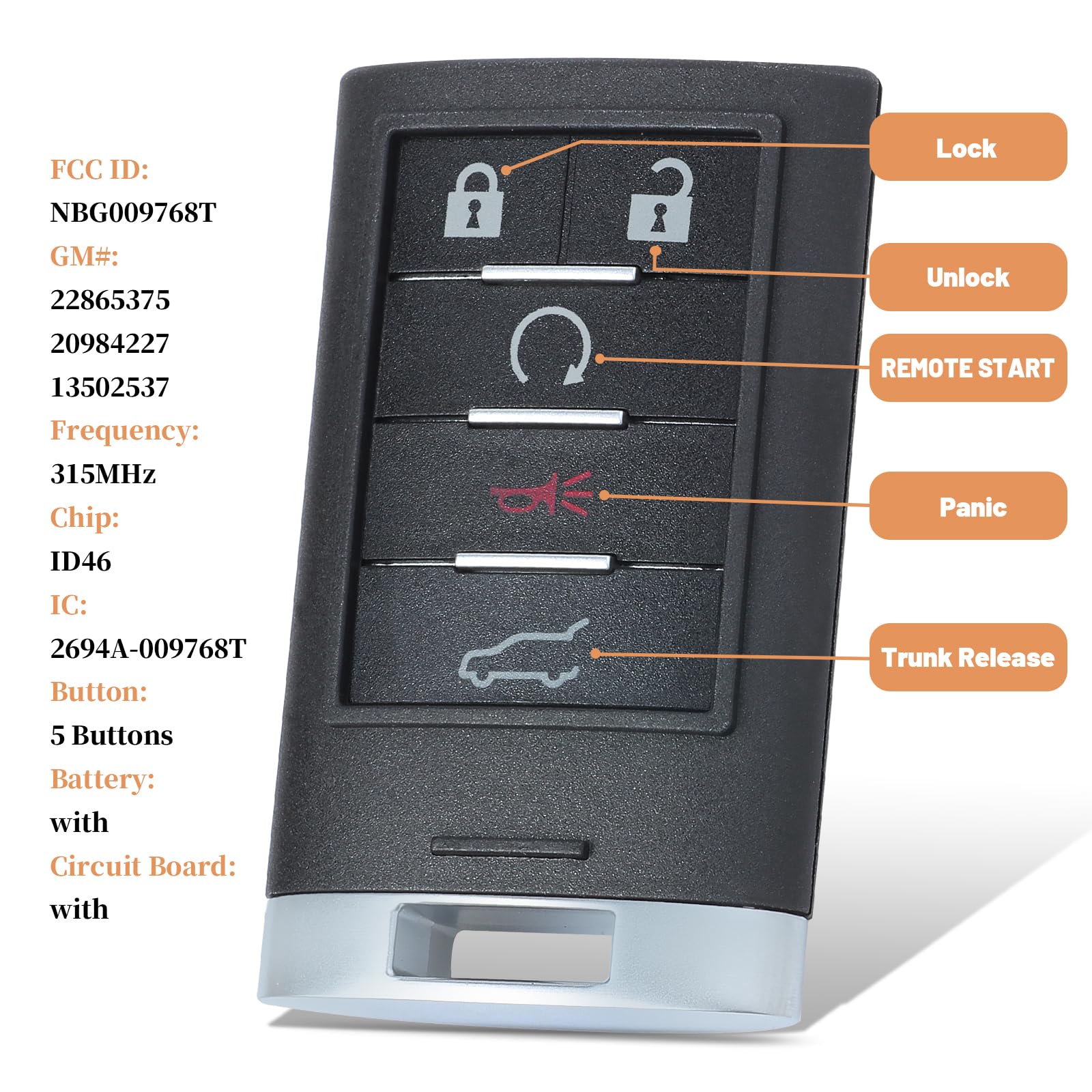 Keyecu Smart Proximity Remote Key 5 Button for Cadillac SRX 2010 to 2015 FCC ID NBG009768T - View 2 of 6