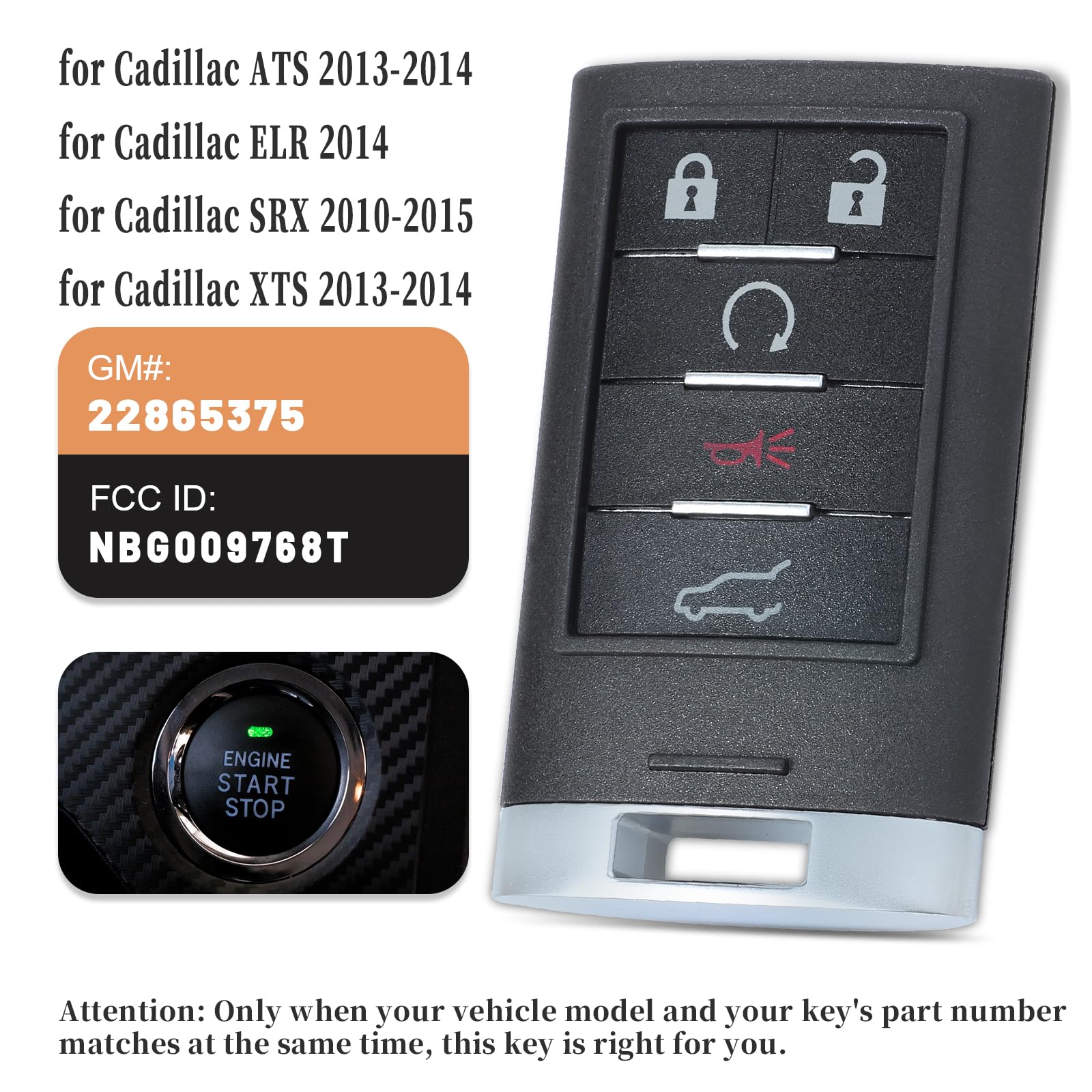 Keyecu Smart Proximity Remote Key 5 Button for Cadillac SRX 2010 to 2015 FCC ID NBG009768T - View 3 of 6