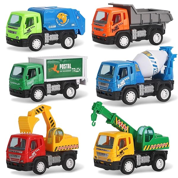 Liberty Imports Liberty Imports 6 Pack Pullback City Builder Toy Vehicles for Kids Dump Truck Cement Mixer Garbage Truck Excavator Crane Postal Truck