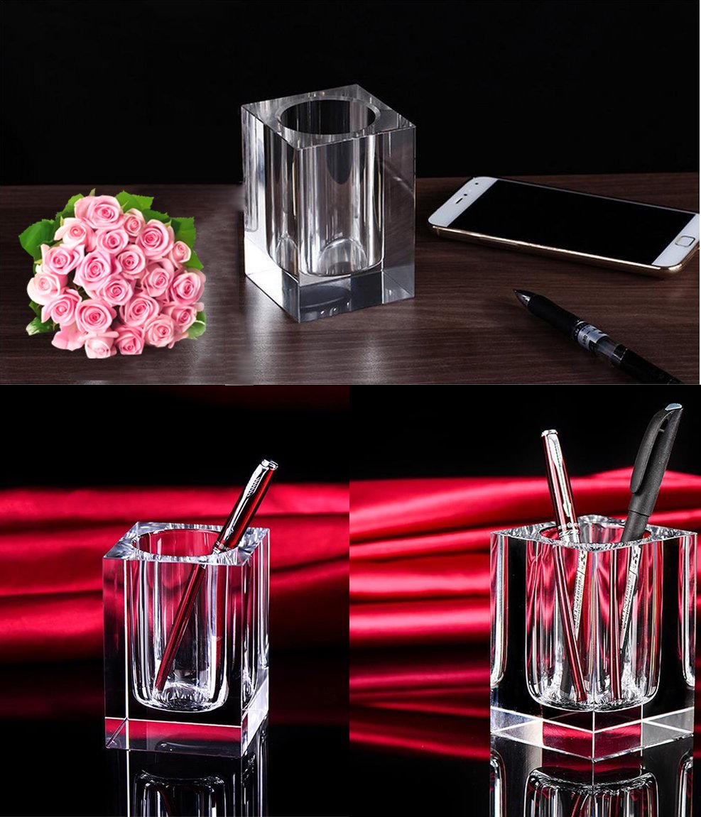 Coideal Glass Crystal Pen Pencil Cup Holder Clear Small Desk Organizer for Office School Teacher Student - View 4 of 7