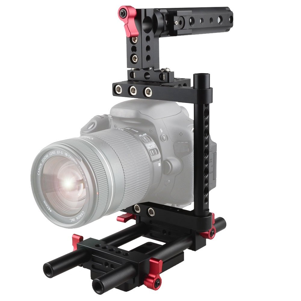 CAMVATE Camera Cage Rig with Top Handle and Tripod Mount Plate for Sony Panasonic Red 1386