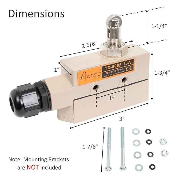 Awoco Awoco Heavy Duty Commercial Door Micro Switch with Roller Plunger for Sliding Doors and Windows 250V 15A Limit Switch Type NO NC - View 3 of 5