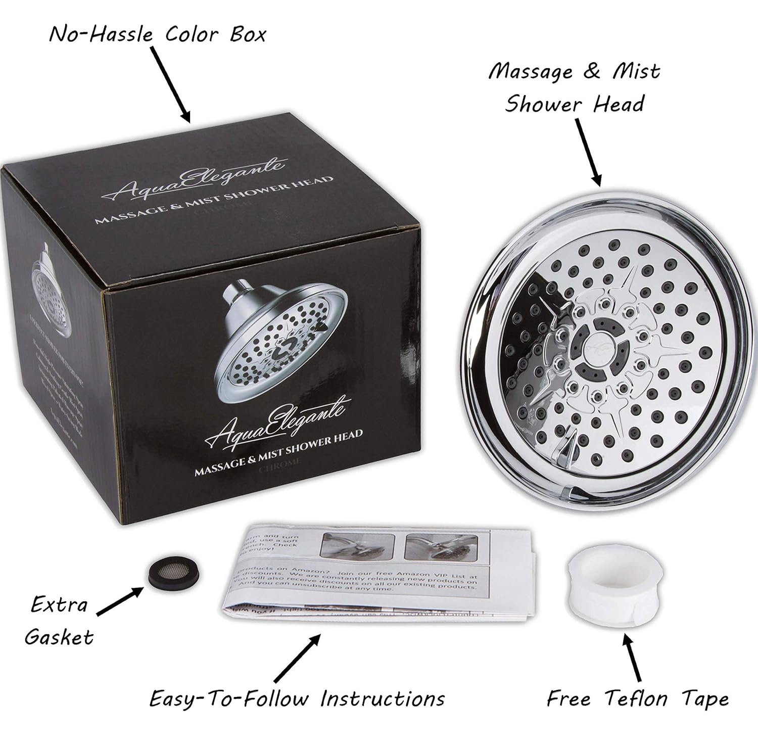 Aqua Elegante High Pressure Massaging Shower Head Multi-Function Rainfall Showerhead with Adjustable Water Saving Nozzle 2.5 GPM Chrome - View 9 of 9