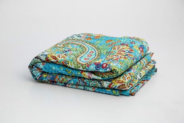 V Vedant Designs V Vedant Designs Handmade Twin Cotton Kantha Quilt Turquoise Paisley Print Bed Cover 90x60 Inch - View 3 of 4