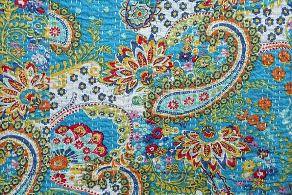 V Vedant Designs V Vedant Designs Handmade Twin Cotton Kantha Quilt Turquoise Paisley Print Bed Cover 90x60 Inch - View 4 of 4