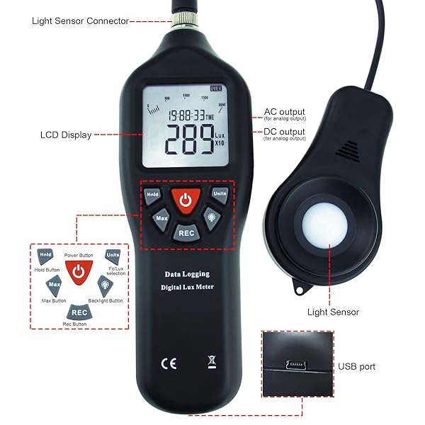 Gain Express Digital Light Meter Lux Meter with Detachable Sensor 0 to 200000 Lux Min Max Avg Functions and Data Record Software USB Power Cable - View 9 of 10