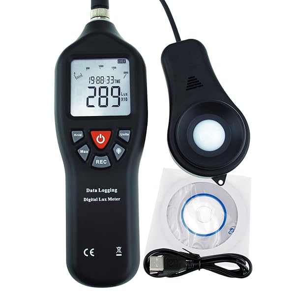 Gain Express Digital Light Meter Lux Meter with Detachable Sensor 0 to 200000 Lux Min Max Avg Functions and Data Record Software USB Power Cable - View 2 of 10
