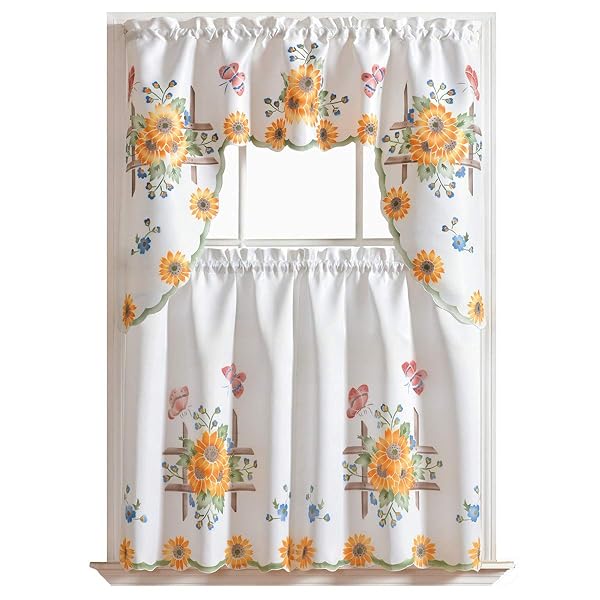 GOHD GOLDEN OCEAN HOME DECOR GOHD 3pcs Farmhouse Kitchen Curtain Set - Hand-Painted Sunflower & Butterfly Design on Thick Satin Fabric