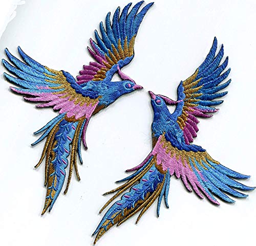 TKPatch Phoenix Bird Iron-On Patches: Azure Blue & Pink Gold Embroidered Appliques - S-1338 Pair - View 2 of 2