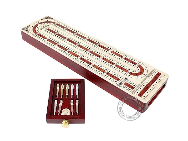 House of Cribbage Continuous Cribbage Board Alphabet E Shape Inlaid Maple Bloodwood with Storage Drawer for Cribbage Pegs 12.4 Inches 3 Tracks House of Cribbage
