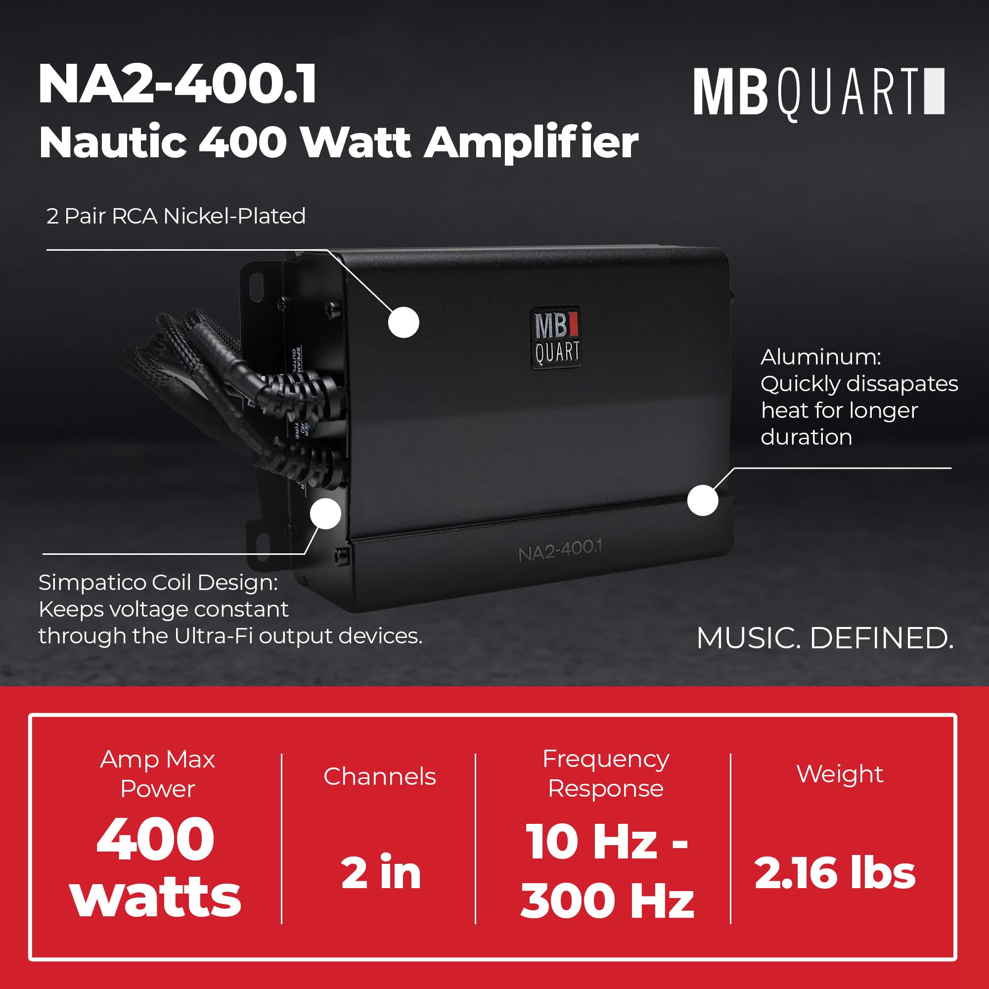 MB Quart NA2-400.1 Compact 400 Watt Mono Powersports Amplifier for Subwoofer Performance - View 4 of 7