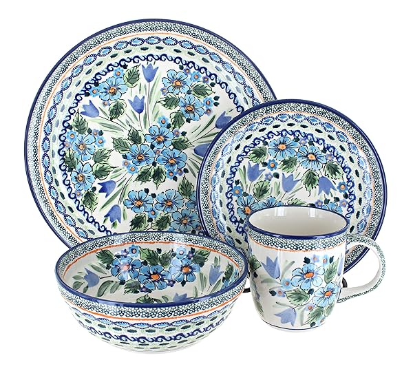 Blue Rose Pottery Blue Rose Polish Pottery Ballina 4 Piece Place Setting Service for 1 Elegant Dining Set