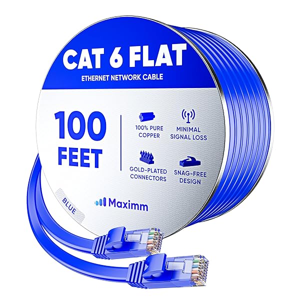 Cat 6 Ethernet Cable 100 ft Flat Design High Speed Internet Network LAN Patch Cable RJ45 Connectors Ideal for Gaming Streaming and More