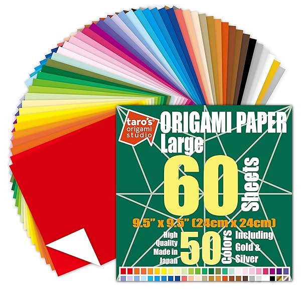 Taro's Origami Studio Premium 9.5 Inch Origami Paper - 50 Colors, 60 Sheets, Easy Fold for Beginners | Taro's Origami Studio