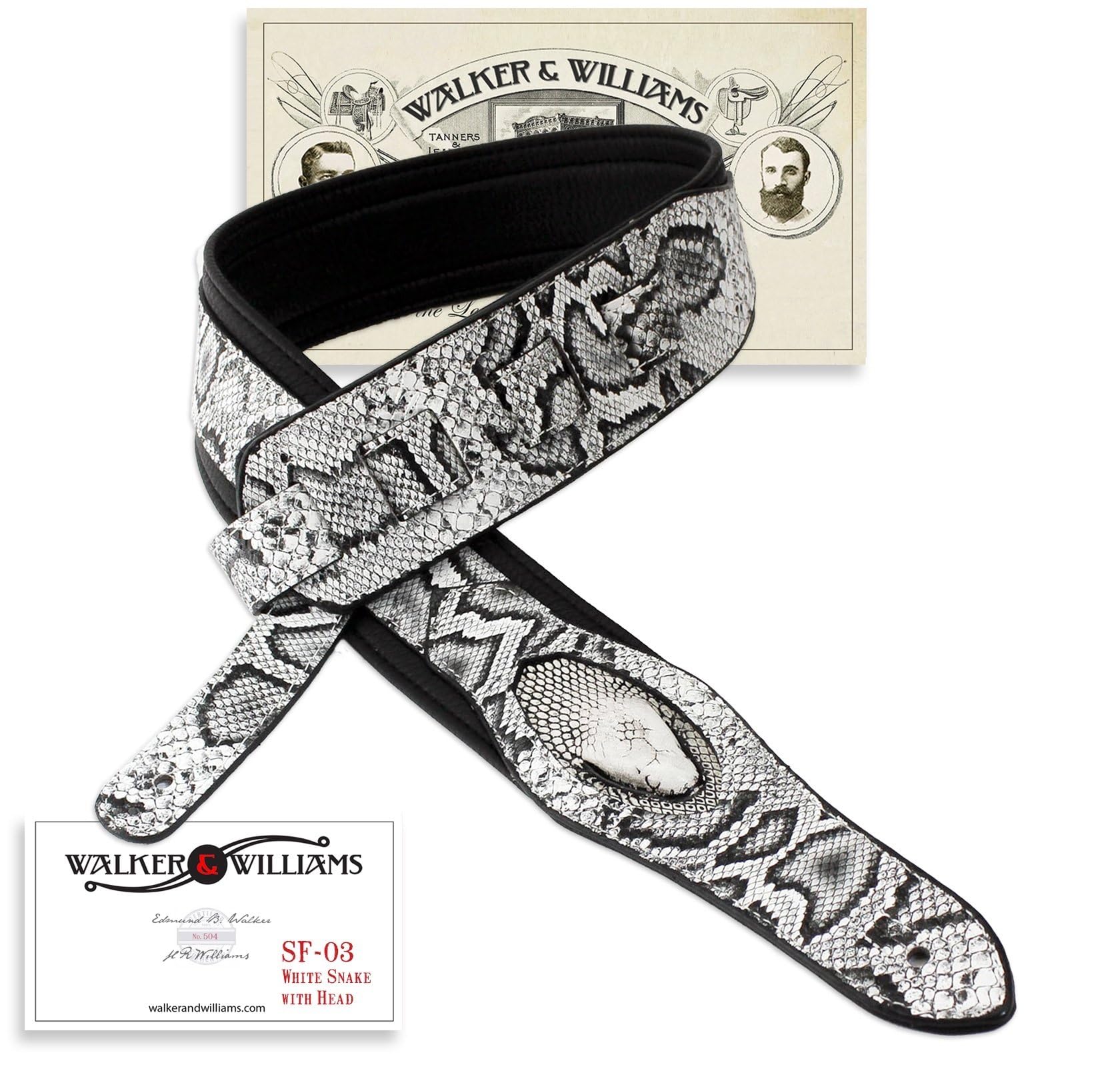Walker and Williams SF03 White Black Snake Pattern Guitar Strap with Snakehead for Comfortable Playing - View 2 of 8