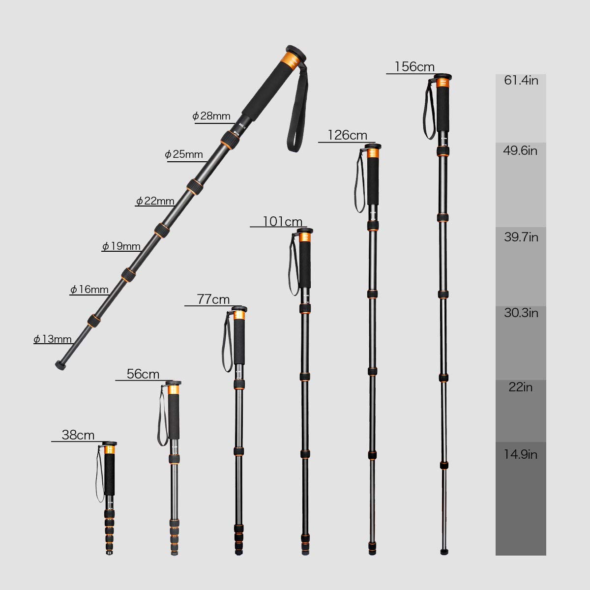 koolehaoda Koolehaoda 6 Section Monopod Compact Portable Photography Aluminum Alloy Unipod Stick Max Load 10kg Folding Size 15 inch K-266 Orange - View 3 of 6