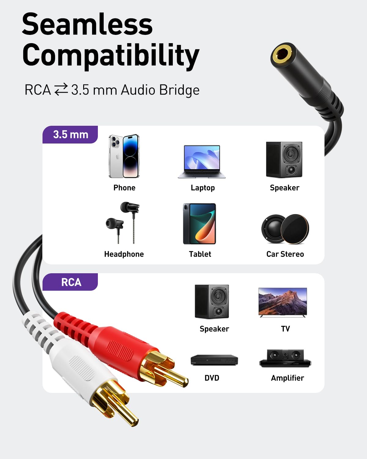 VCE VCE 3.5mm Female to 2 RCA Male Stereo Audio Y Cable 2-Pack Gold Plated Adapter for TV Smartphones MP3 Tablets Speakers Home Theater 8 inch - View 2 of 7