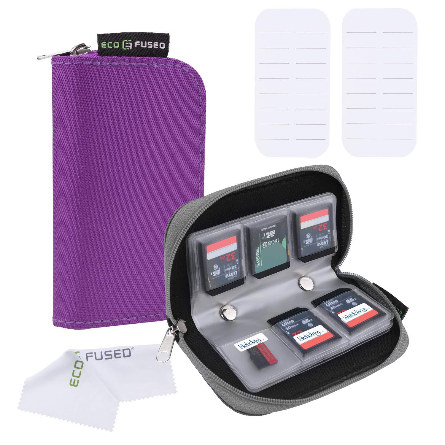 Memory Card Case 2 Pack Holds 22 SD SDHC Micro SD Mini SD and 4 CF Slots Storage Travel Microfiber Cleaning Cloth and Labels Grey Purple - View 2 of 7