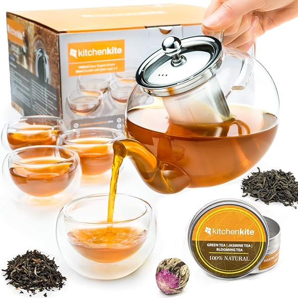 Kitchen Kite Kitchen Kite Glass Teapot Set with 4 Double Wall Teacups and Infuser Microwave Dishwasher Safe for Blooming Loose Leaf Teas